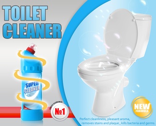 Image of Toilet cleaner and shiny unstained bowl, ad design  