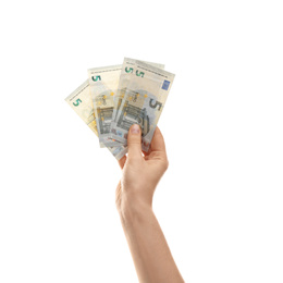 Woman with money on white background, closeup