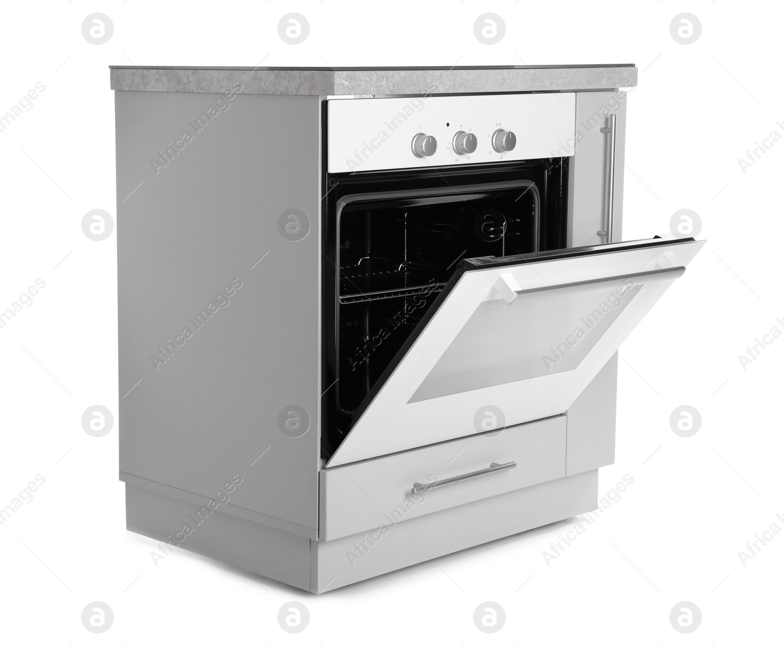 Photo of Open modern electric oven on white background. Kitchen appliance