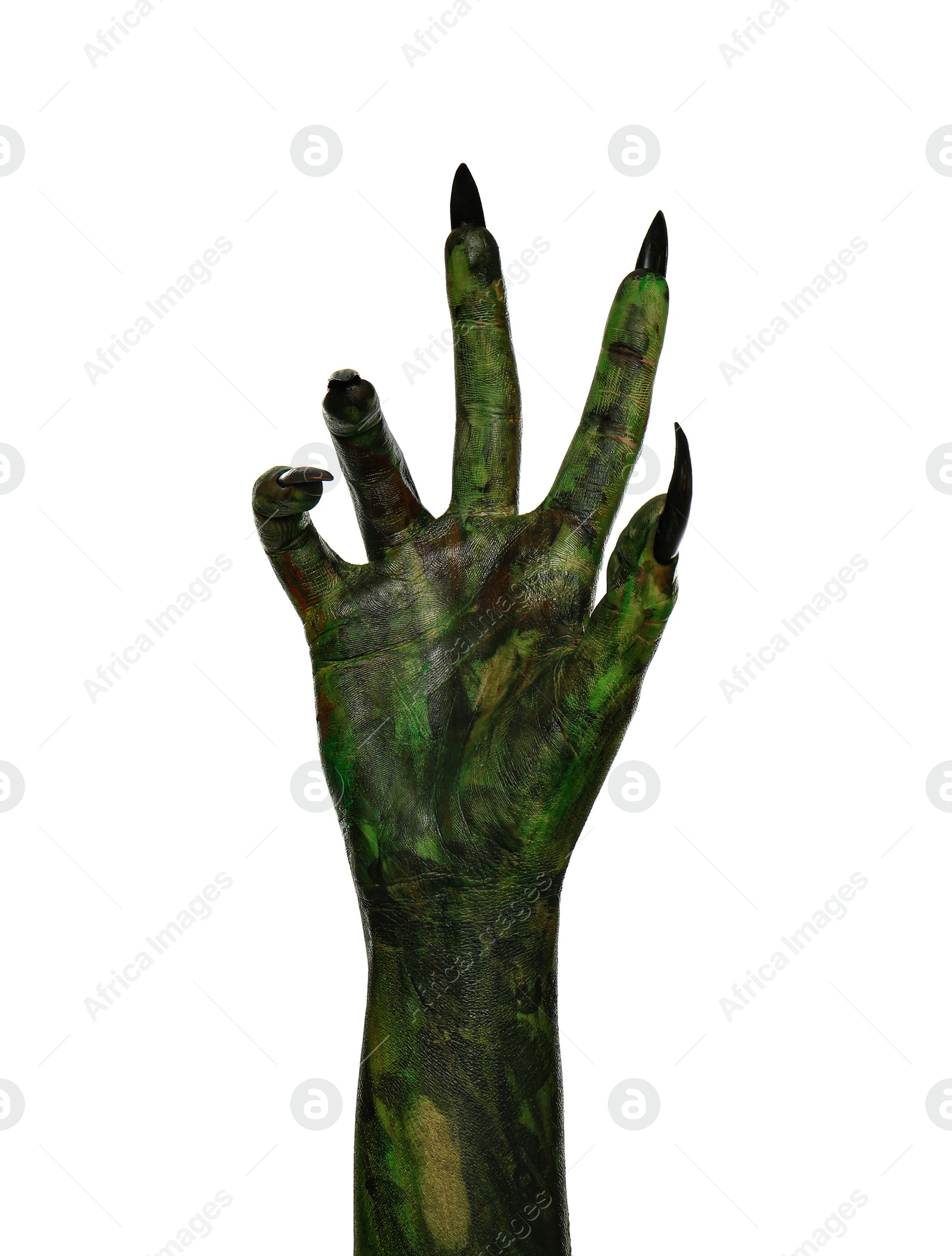 Photo of Scary monster on white background, closeup of hand. Halloween character