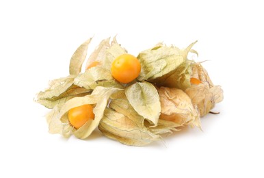 Many ripe physalis fruits with calyxes isolated on white