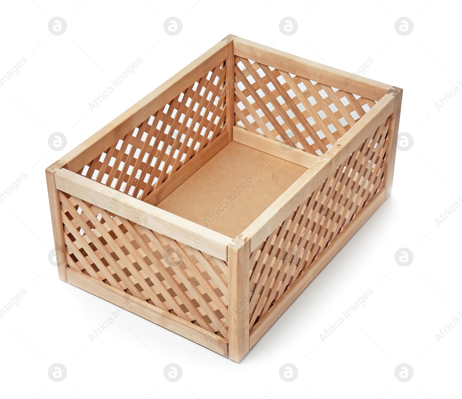 Photo of Empty open wooden crate isolated on white