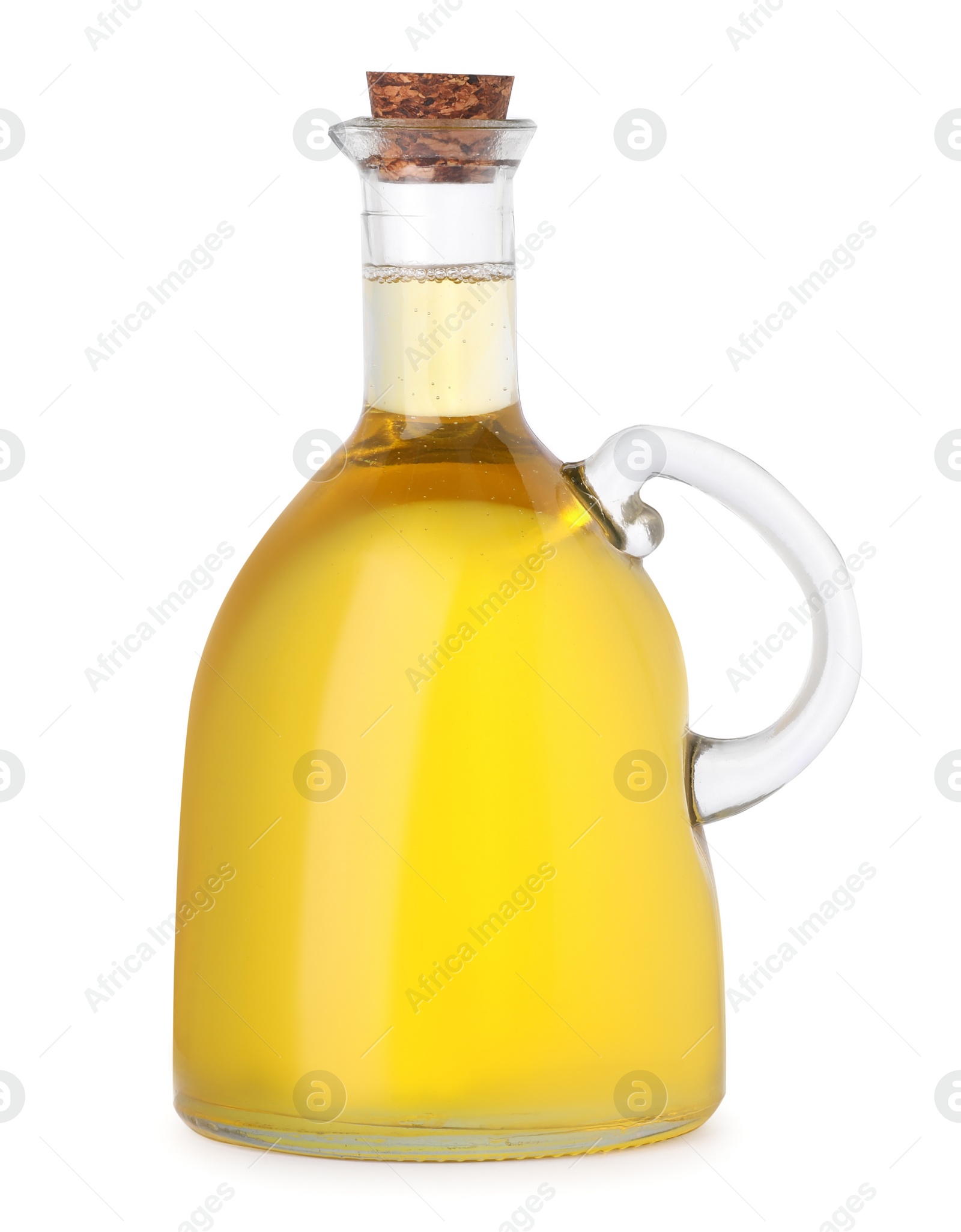 Photo of Glass jug of cooking oil isolated on white