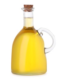 Photo of Glass jug of cooking oil isolated on white