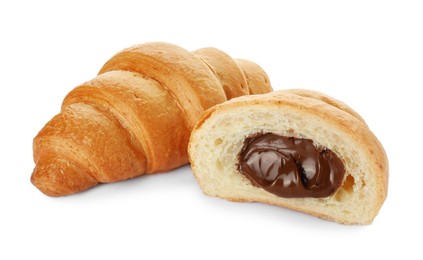 Delicious fresh croissants with chocolate isolated on white