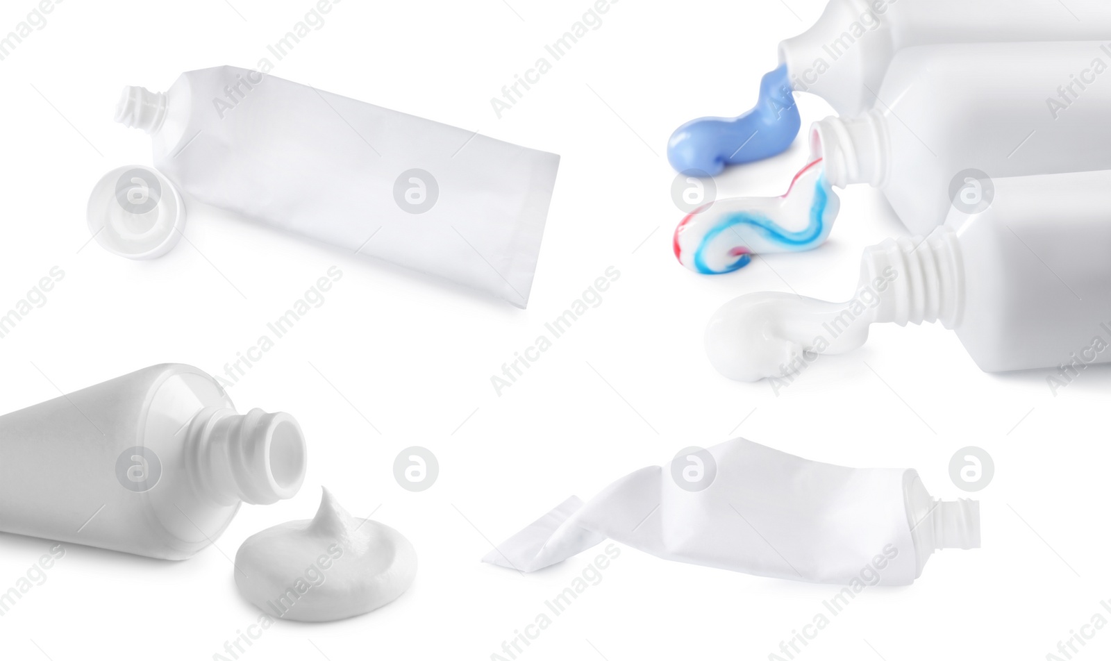 Image of Collage with different toothpastes on white background