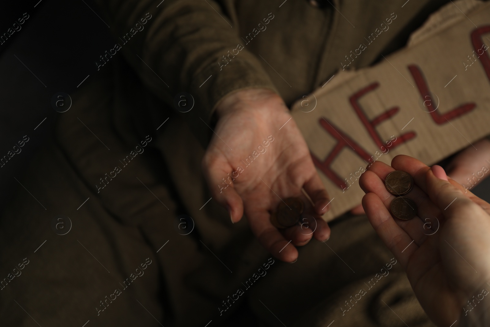 Photo of Woman giving coins to homeless with help sign, closeup. Charity and donation