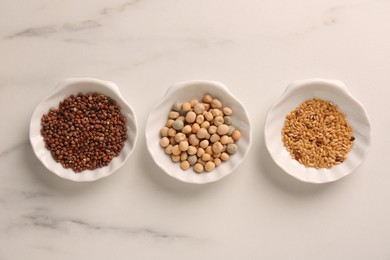 Photo of Growing microgreens. Different seeds in bowls on white marble table, flat lay