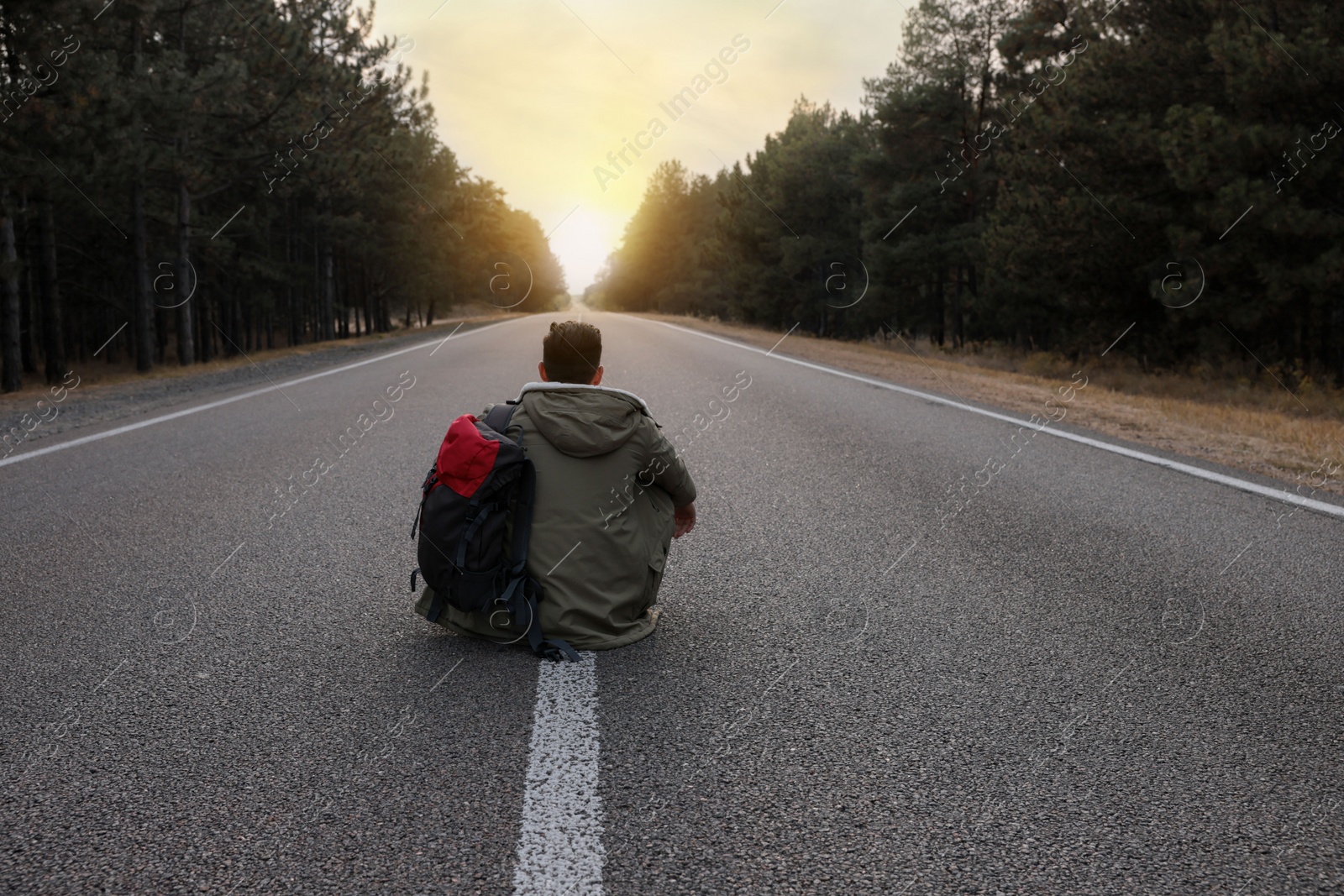 Photo of Man with backpack sitting on road near forest, back view