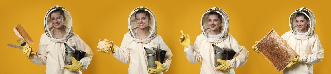Collage with photos of beekeeper in uniform holding frame with honeycomb and different tools on yellow background. Banner design