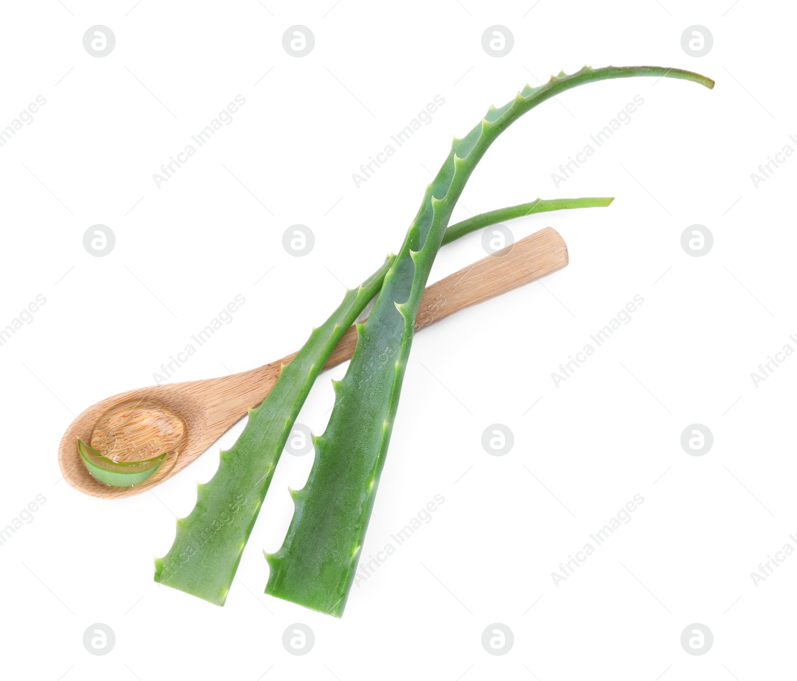 Photo of Spoon with aloe vera gel and green leaves isolated on white, top view