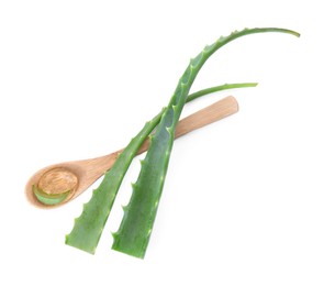 Photo of Spoon with aloe vera gel and green leaves isolated on white, top view