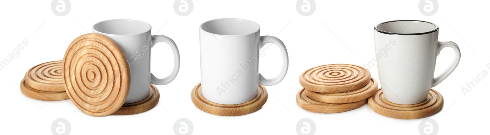 Image of Set with stylish wooden cup coasters and mugs on white background. Banner design
