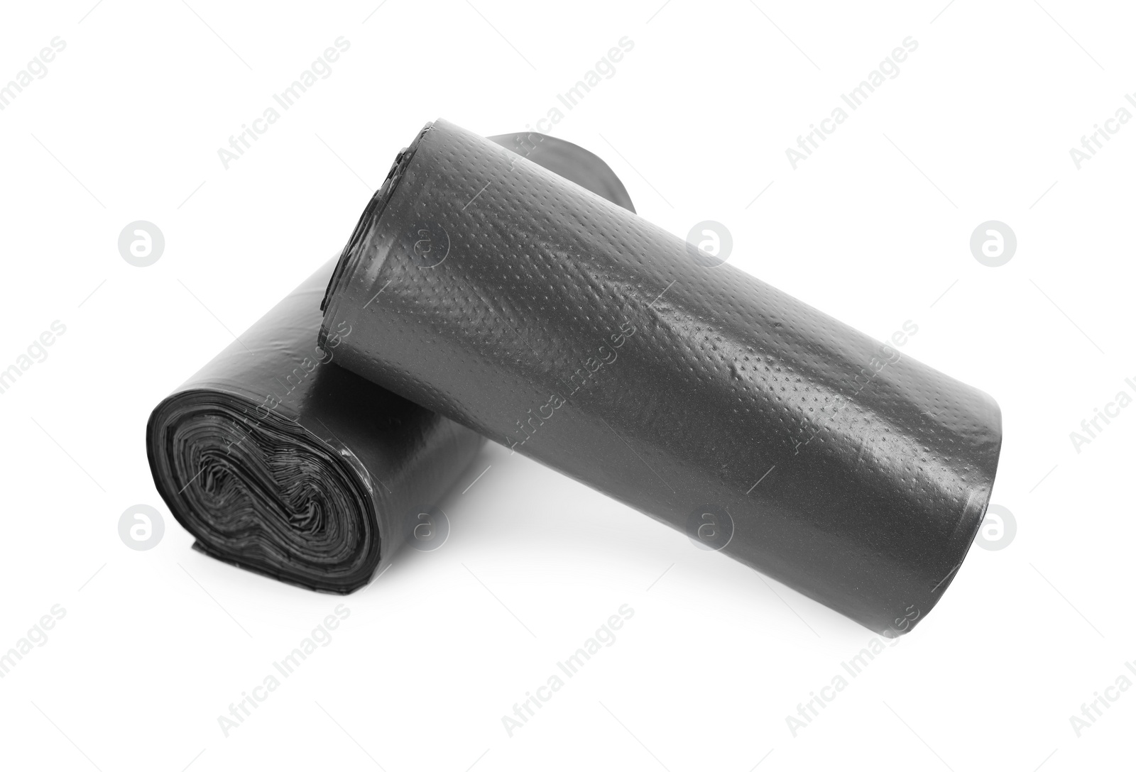 Photo of Two rolls of black garbage bags isolated on white