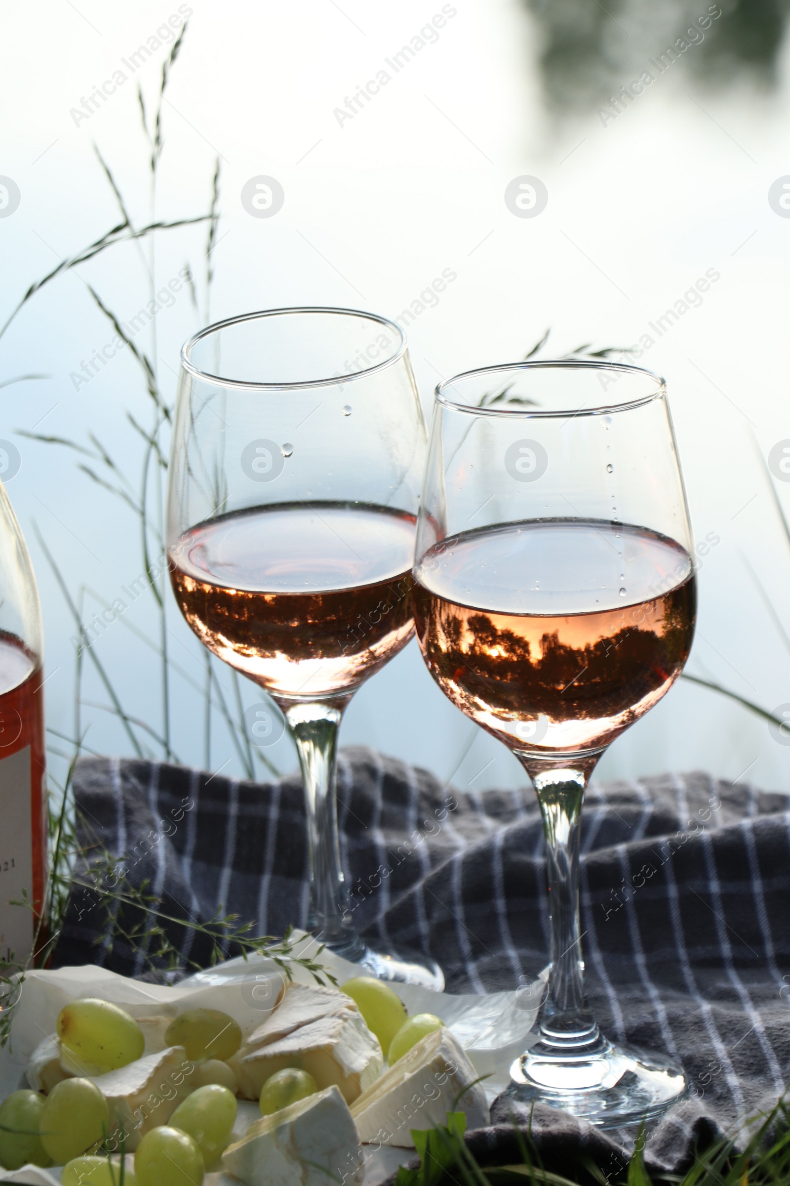 Photo of Delicious rose wine, cheese and grapes on picnic blanket near lake