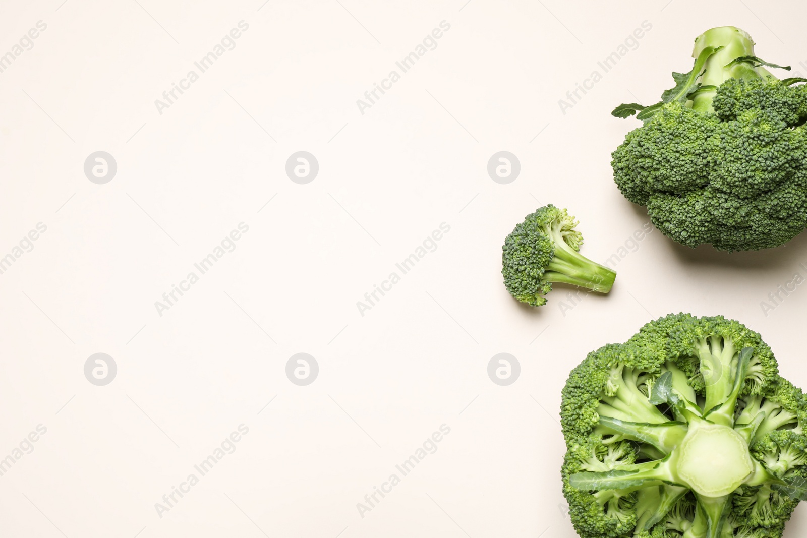 Photo of Fresh tasty broccoli on light beige background, flat lay. Space for text