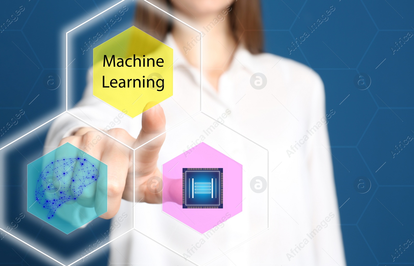 Image of Woman touching icon on virtual screen, closeup. Machine learning concept 