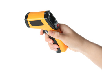 Woman holding non-contact infrared thermometer on white background, closeup