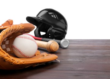 Photo of Baseball glove, bats, ball and batting helmet on grey wooden table against white background