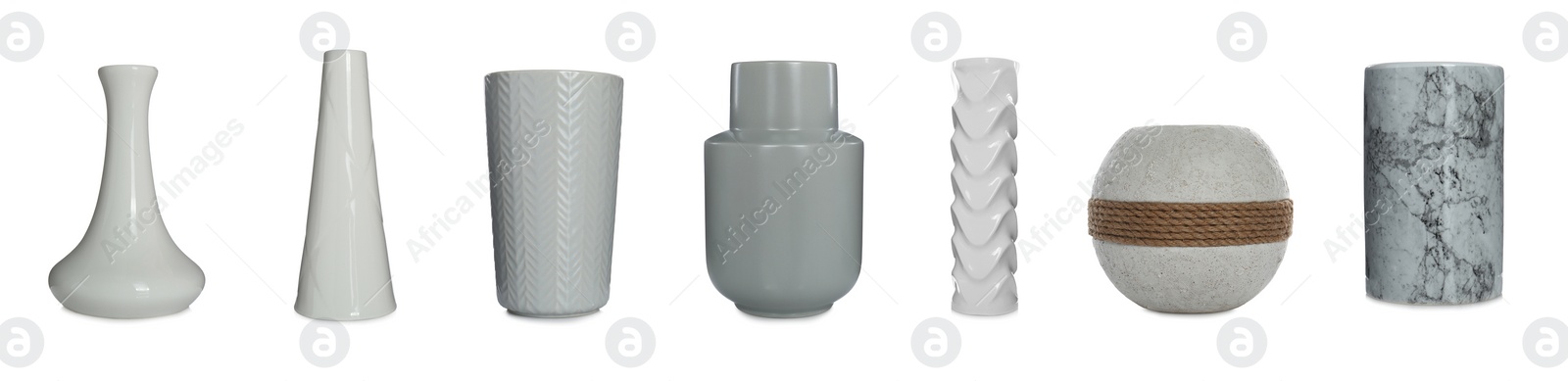 Image of Set of beautiful ceramic vases on white background. Banner design