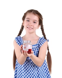 Photo of Cute girl eating tasty yogurt on white background