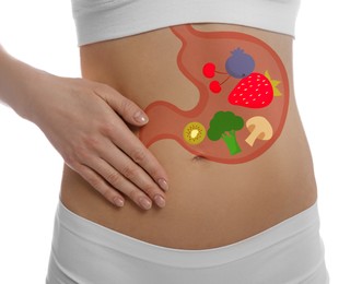 Image of Woman with image of stomach full of food drawn on her belly against white background, closeup. Healthy eating habits