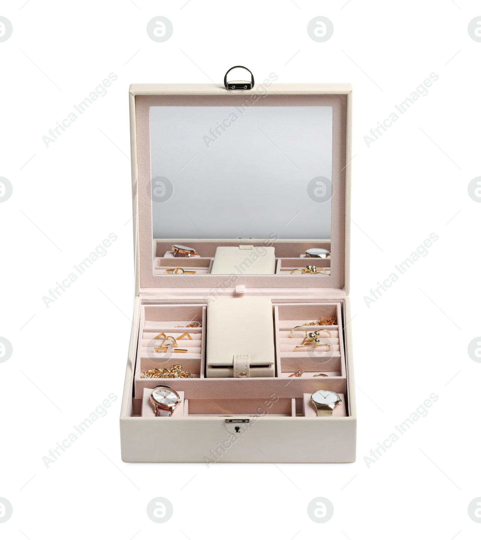 Photo of Jewelry box with mirror, wristwatches and different golden accessories isolated on white