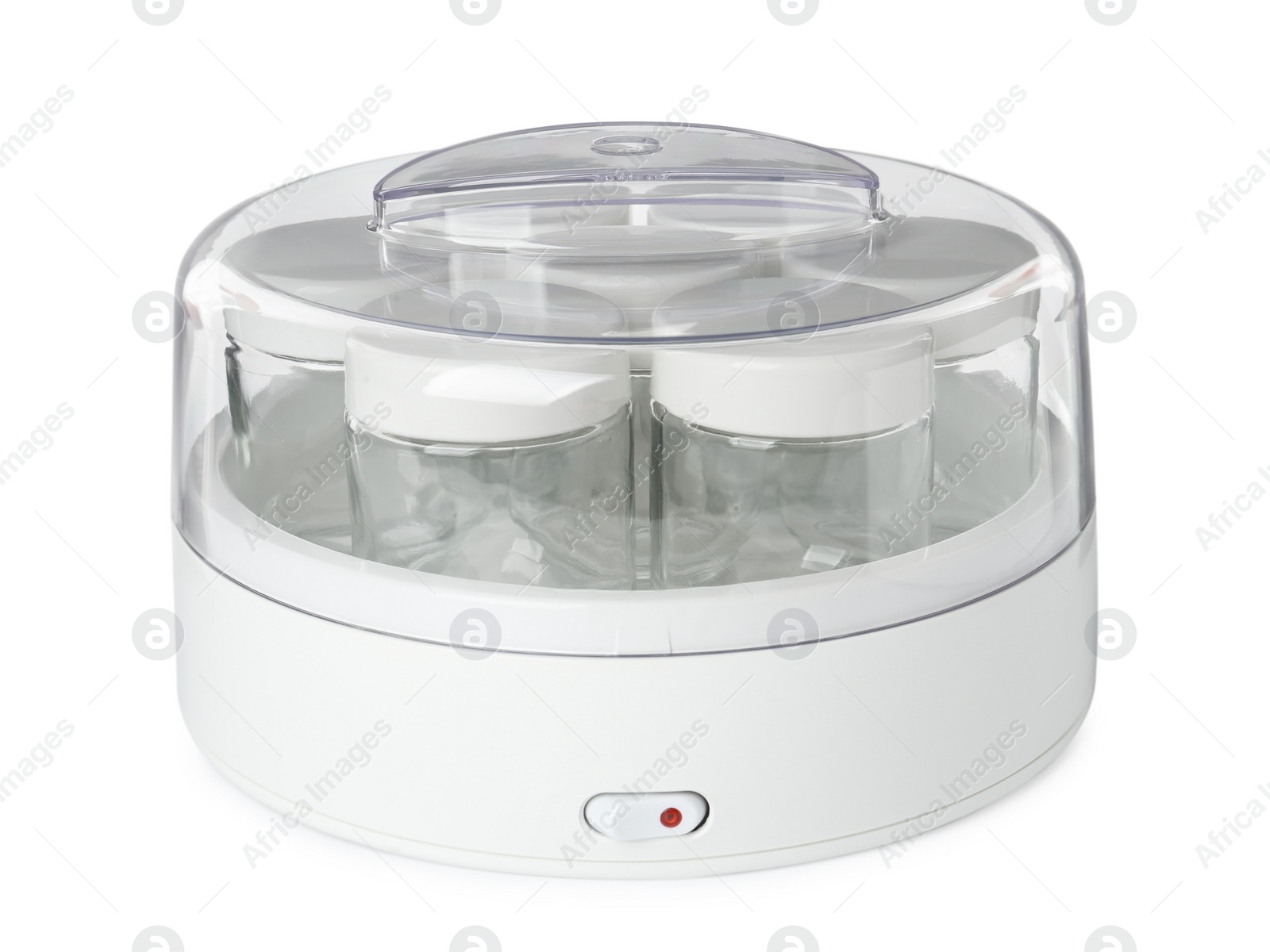 Photo of Modern yogurt maker with empty jars on white background