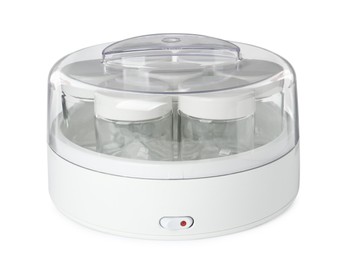 Modern yogurt maker with empty jars on white background