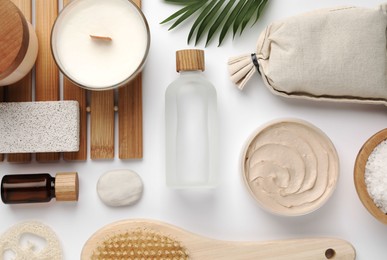 Photo of Flat lay composition with different spa products on white background