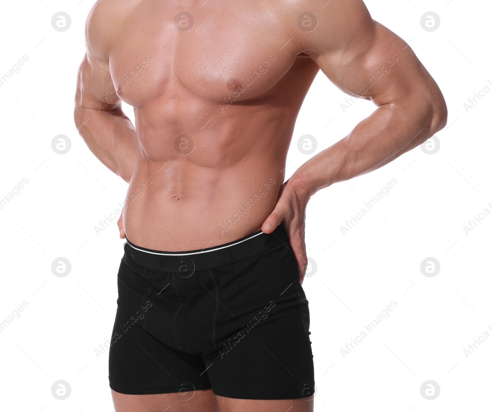 Photo of Young man is stylish black underwear on white background, closeup