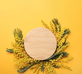 Photo of Beautiful floral composition with mimosa flowers on yellow background, flat lay. Space for text
