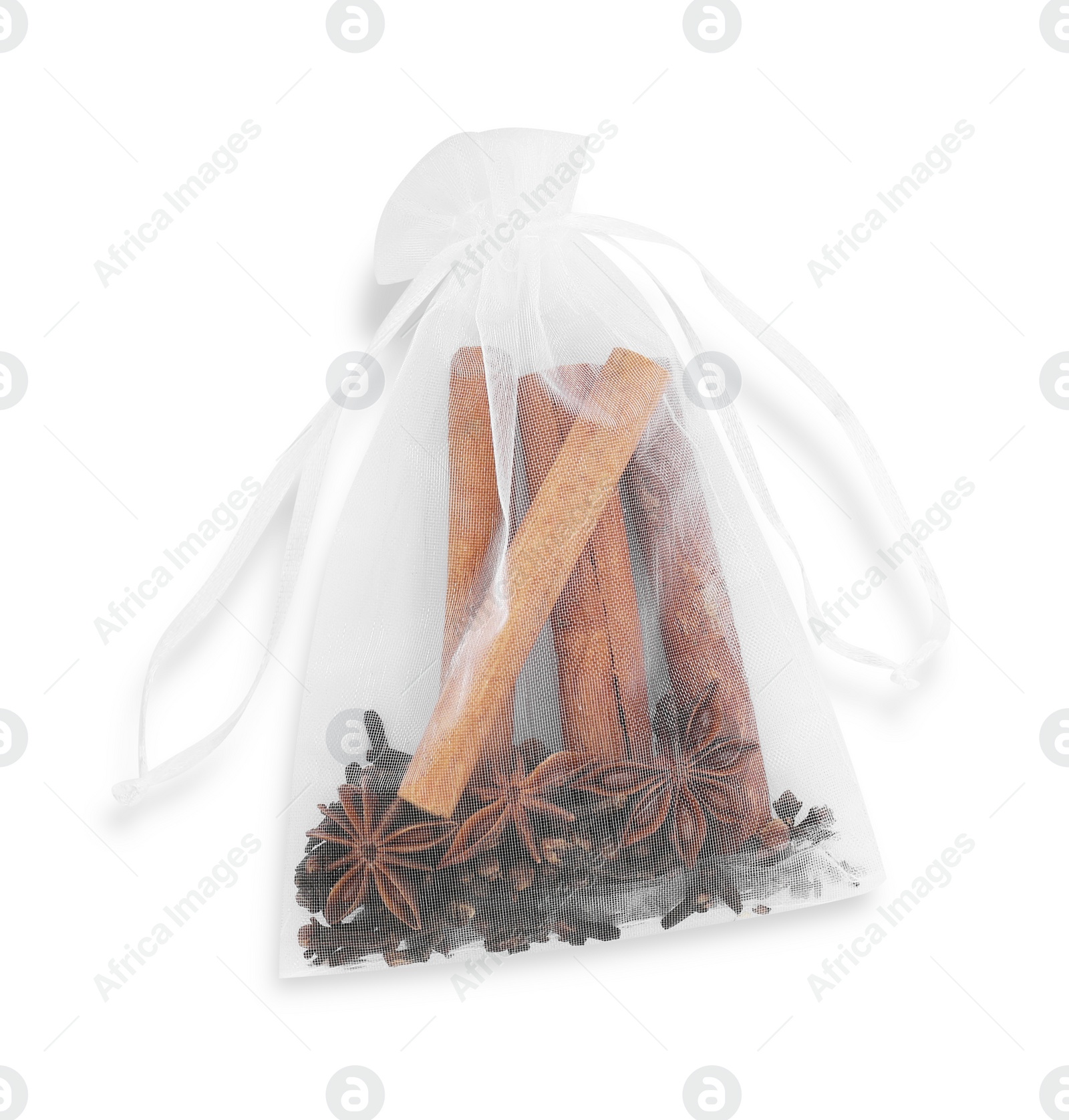 Photo of Scented sachet with cinnamon and anise isolated on white, top view