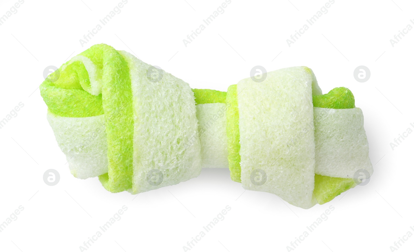 Photo of Chew bone for dog isolated on white, top view. Pet toy
