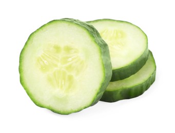 Photo of Slices of fresh cucumber isolated on white