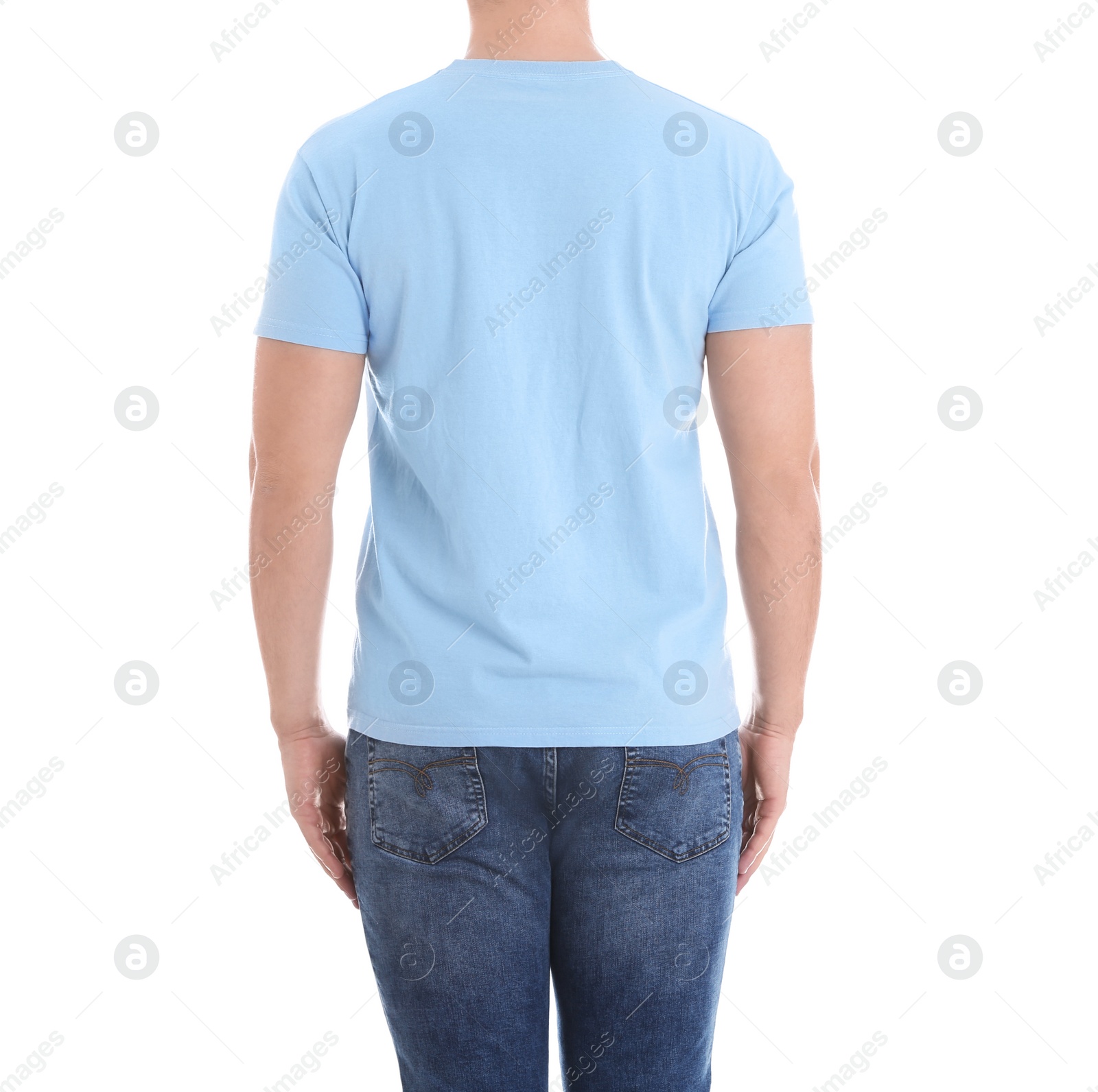 Photo of Young man on white background, closeup. Weight loss