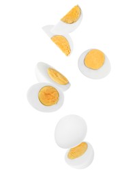 Image of Tasty hard boiled eggs falling on white background