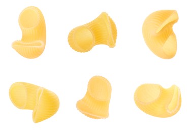 Raw horns pasta isolated on white, set