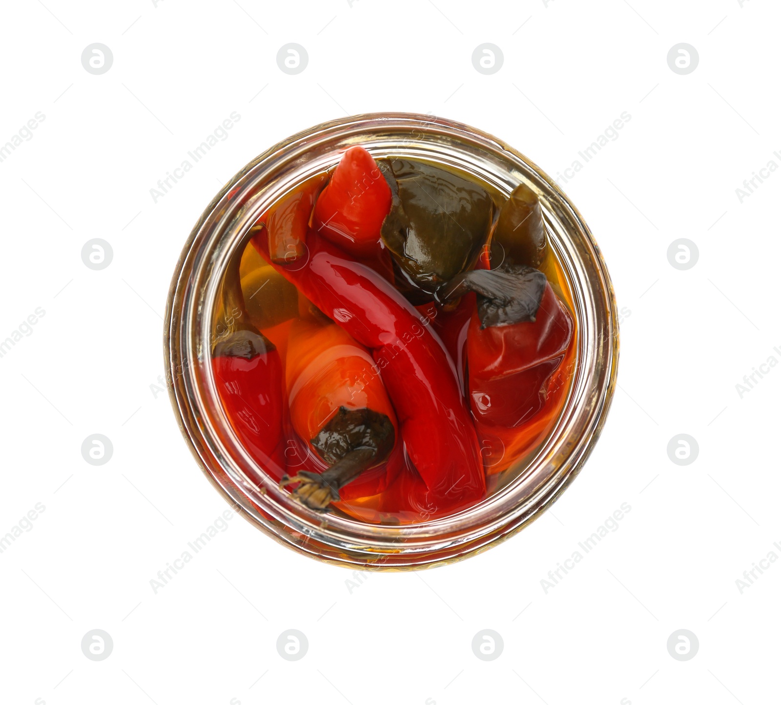 Photo of Jar of pickled peppers isolated on white, top view