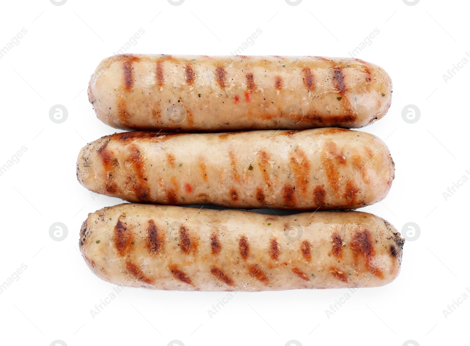 Photo of Tasty fresh grilled sausages isolated on white, top view