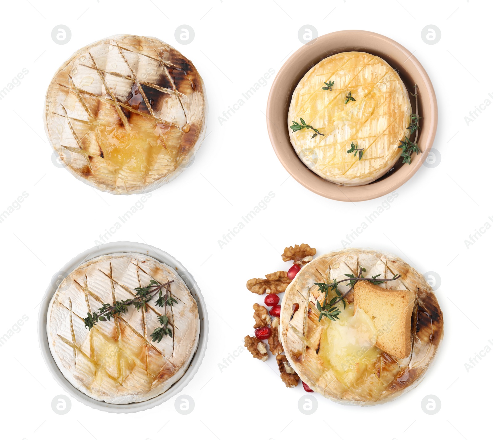 Image of Set of delicious baked camemberts isolated on white, top view