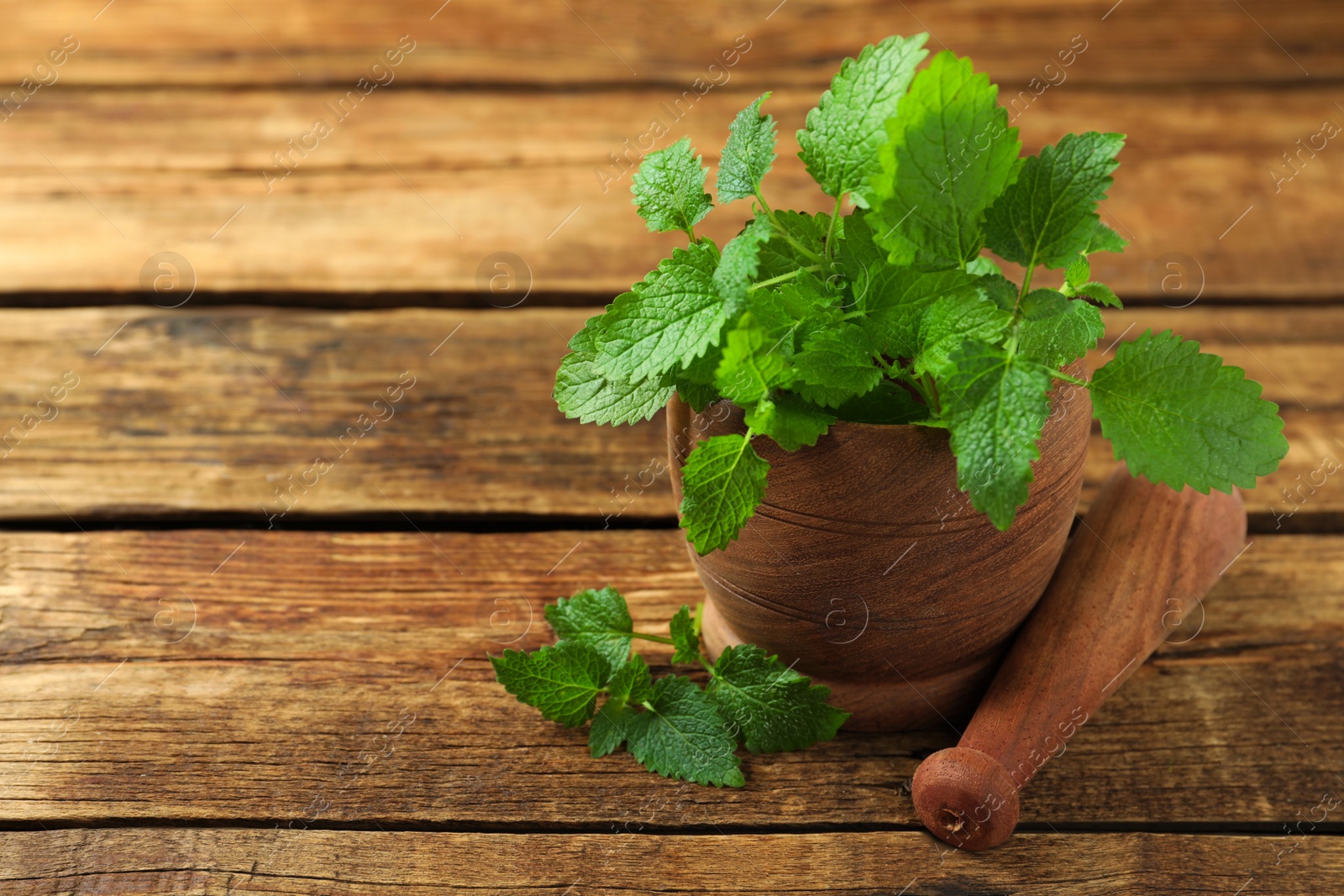 Photo of Mortar with pestle and fresh green lemon balm leaves on wooden table, closeup. Space for text