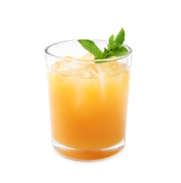 Photo of Delicious refreshing peach cocktail in glass on white background