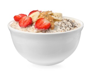 Photo of Tasty boiled oatmeal with strawberries, banana, chia seeds and peanut butter in bowl isolated on white