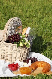 Picnic blanket with tasty food, flowers, basket and cider on green grass outdoors