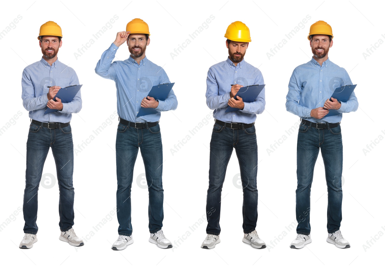 Image of Photos of engineer with hardhat and clipboard on white background, collage design