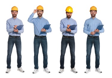 Image of Photos of engineer with hardhat and clipboard on white background, collage design