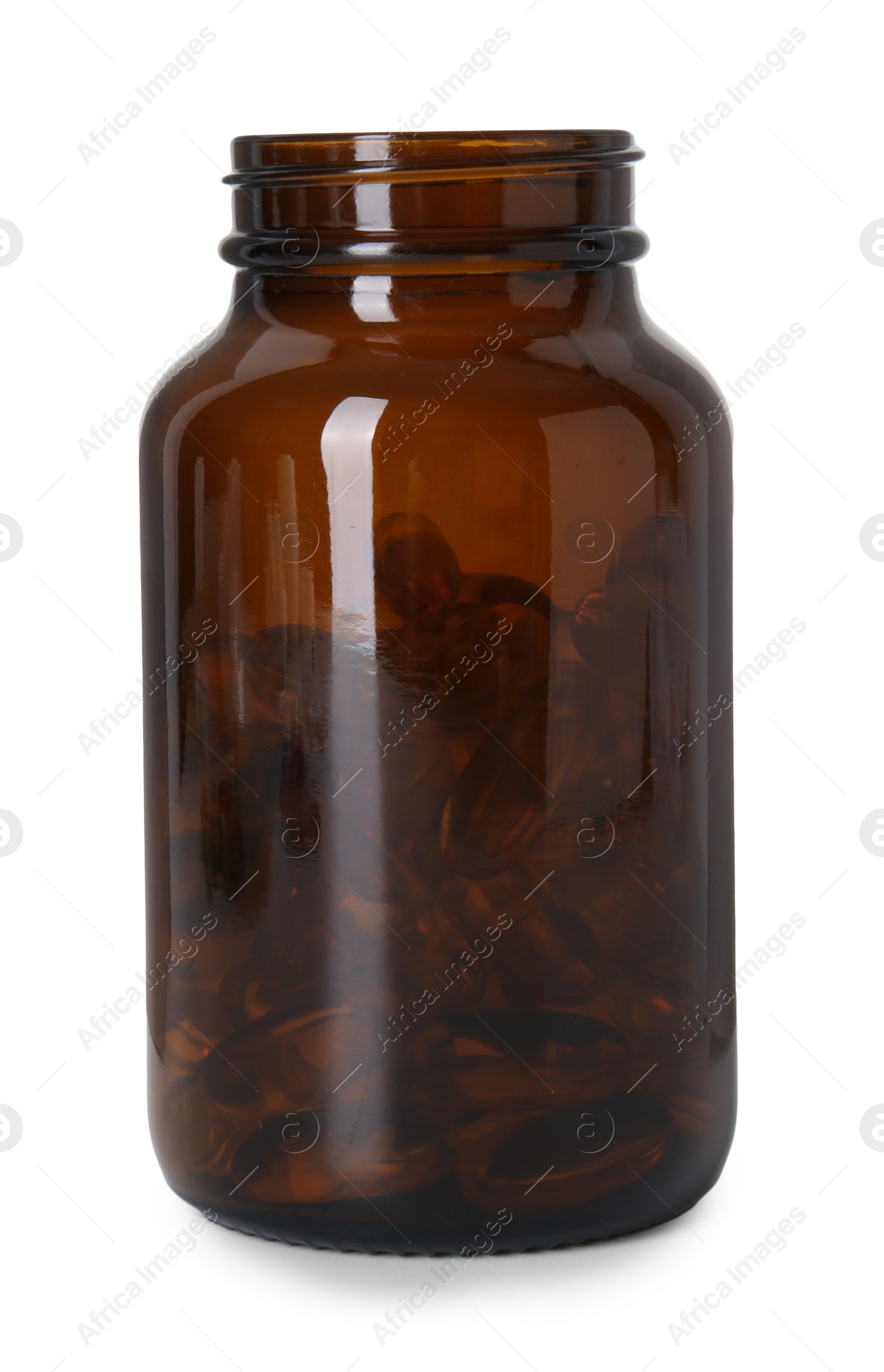 Photo of Softgel capsules in bottle isolated on white