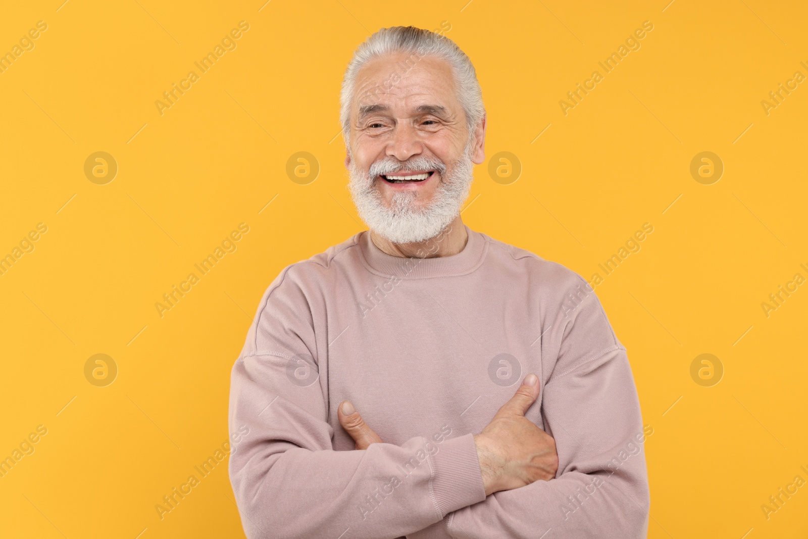 Photo of Portrait of handsome senior man on orange background