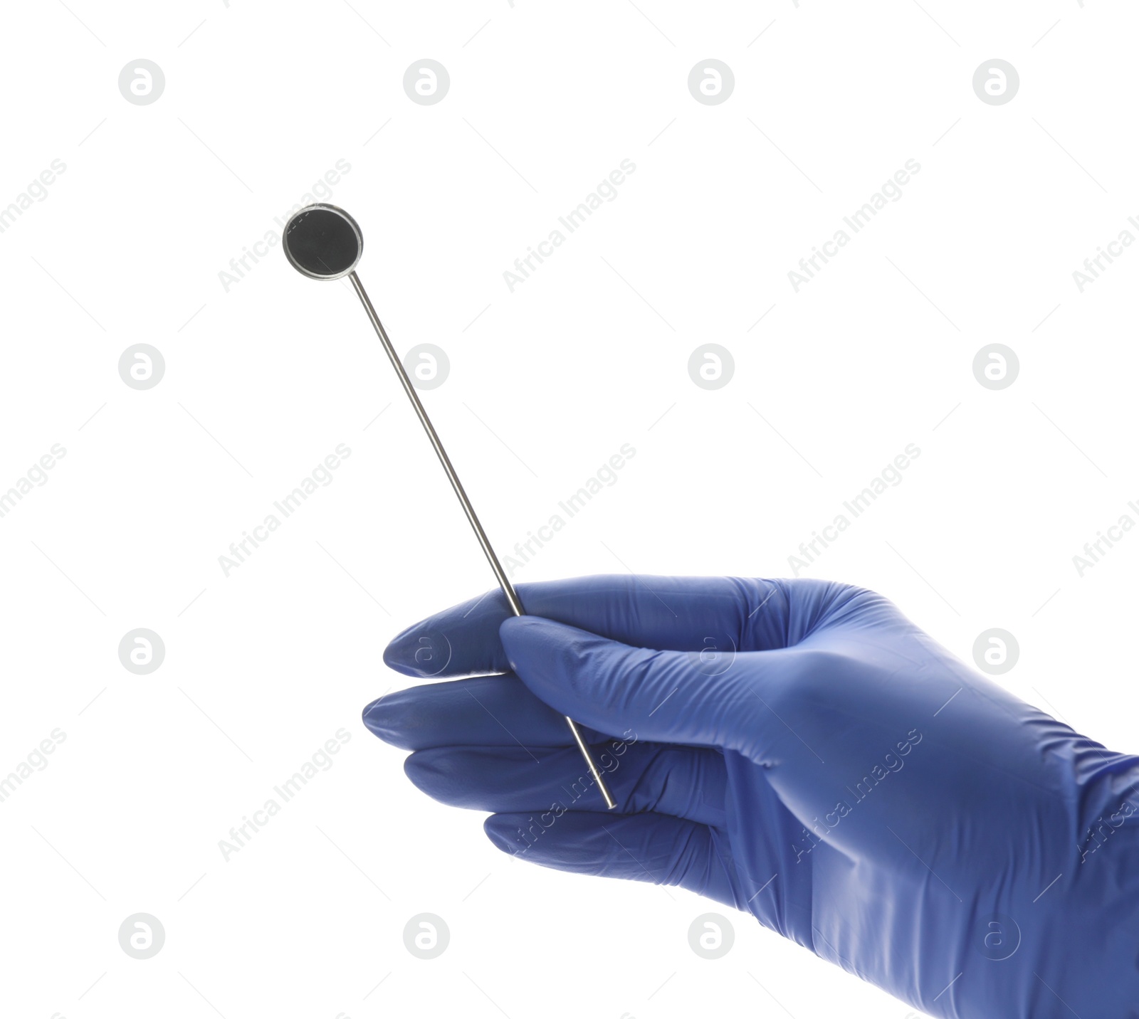 Photo of Dentist holding mouth mirror on white background, closeup